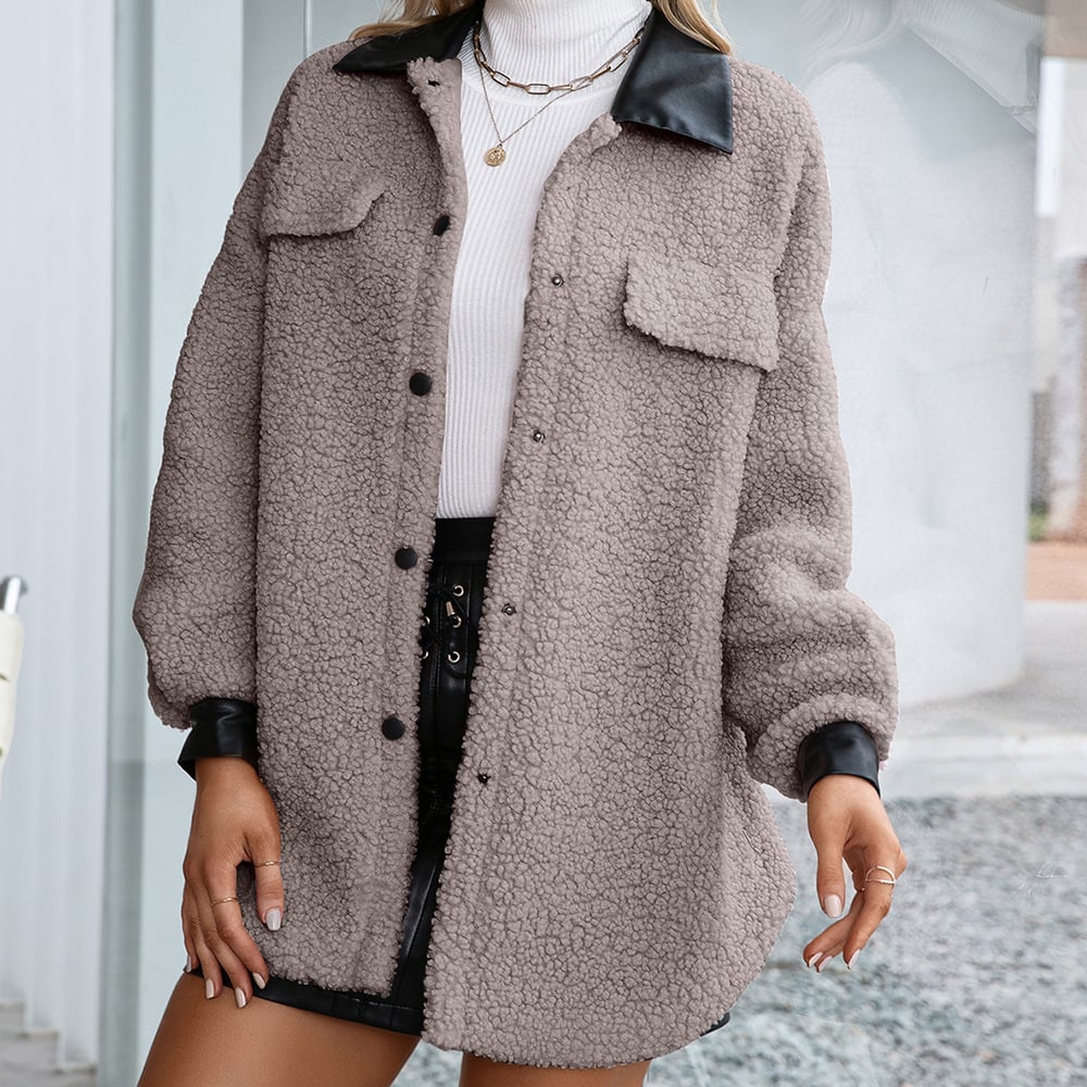Plush PU Long Single Breasted Lapel Cardigan Coat