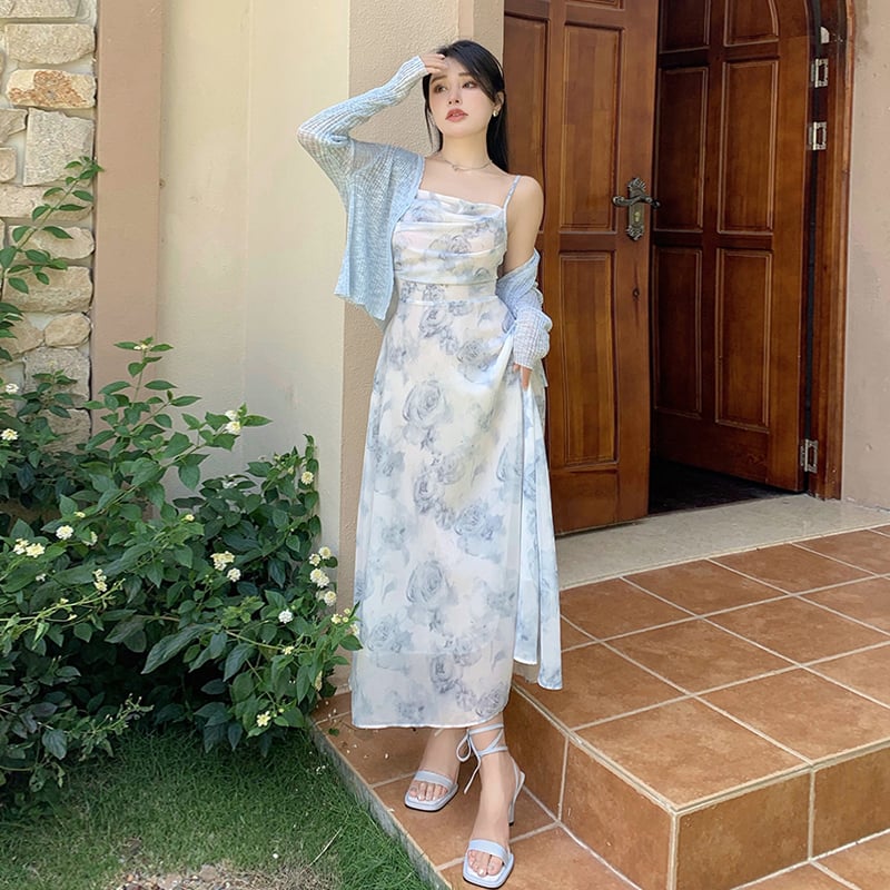 Ink Painting Suspender Dress with Cardigan