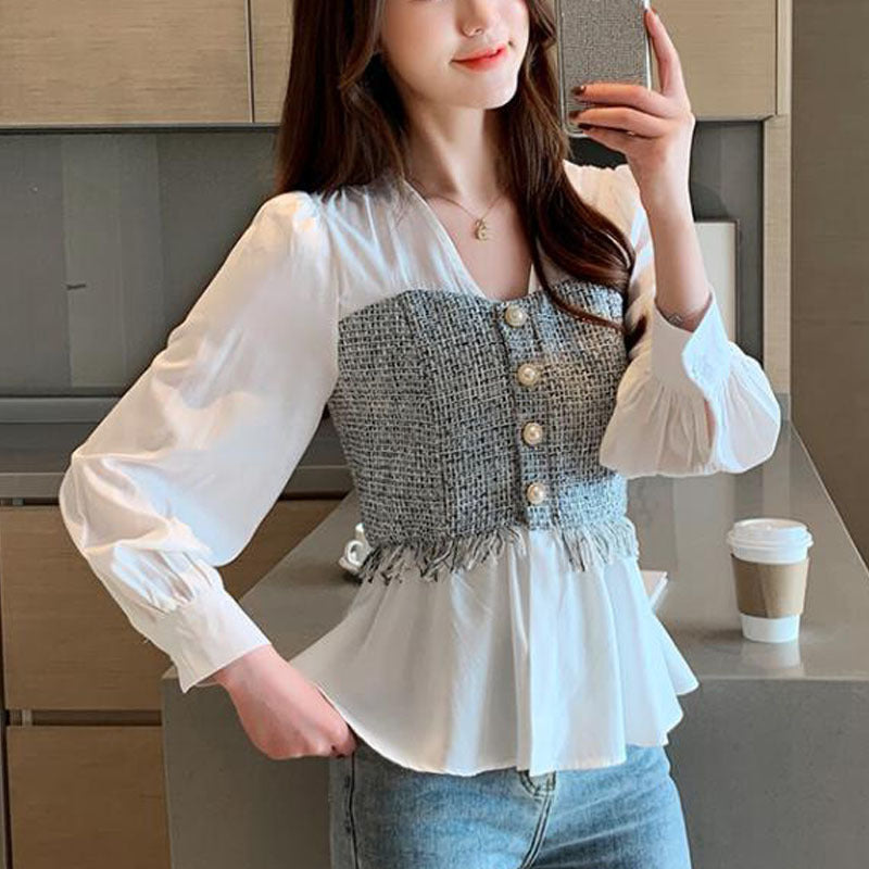 V-neck Long Sleeve Chiffon Shirt with Stitching Details