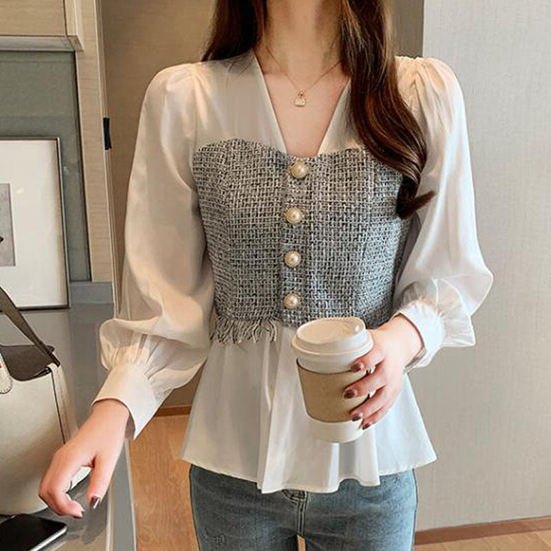 V-neck Long Sleeve Chiffon Shirt with Stitching Details