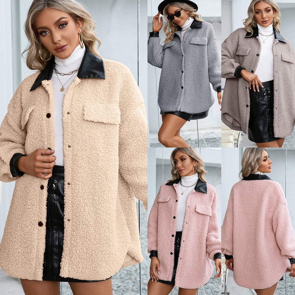 Plush PU Long Single Breasted Lapel Cardigan Coat