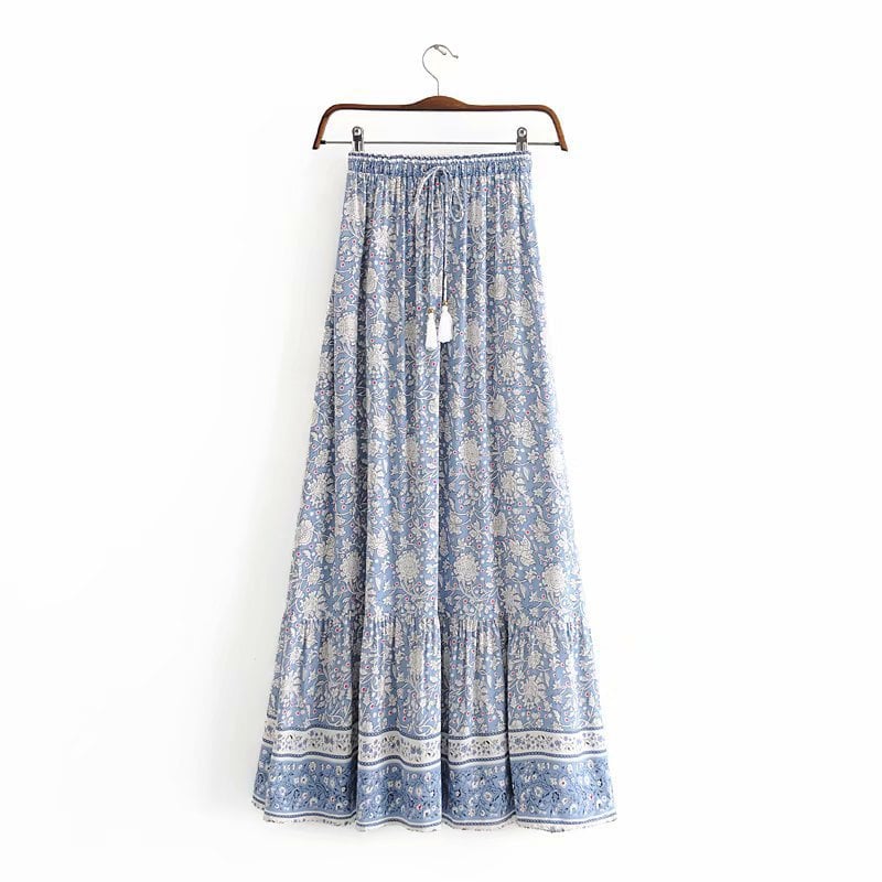 Elegant Retro Flower Print Lace-Up Long Skirt