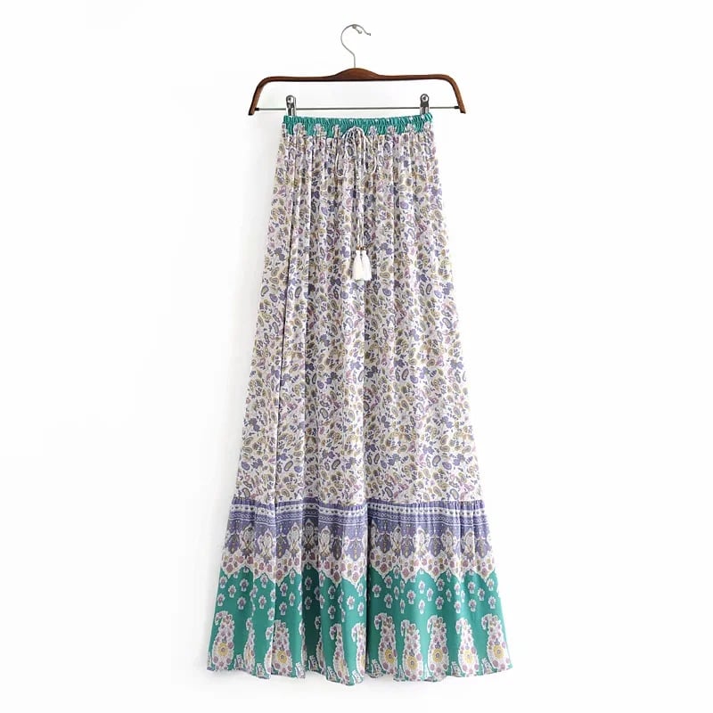 Elegant Retro Flower Print Lace-Up Long Skirt
