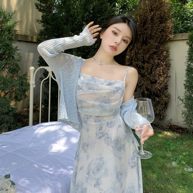 Ink Painting Suspender Dress with Cardigan