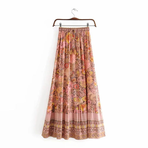 Elegant Retro Flower Print Lace-Up Long Skirt