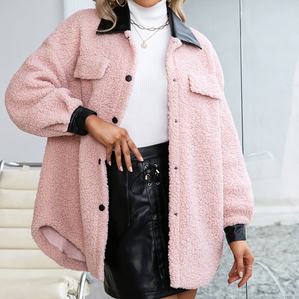 Plush PU Long Single Breasted Lapel Cardigan Coat