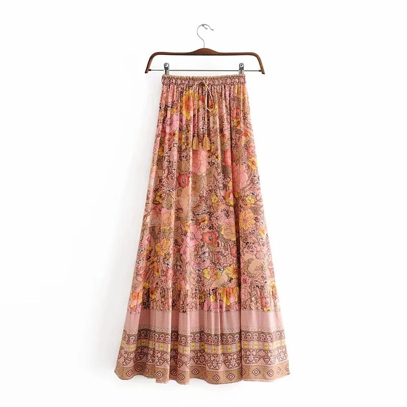 Elegant Retro Flower Print Lace-Up Long Skirt
