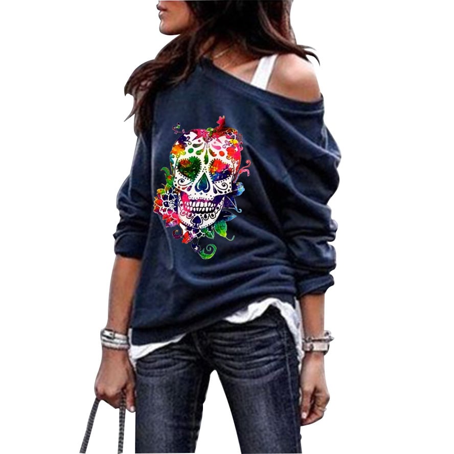 Women's Skull Print Round Neck Sweater