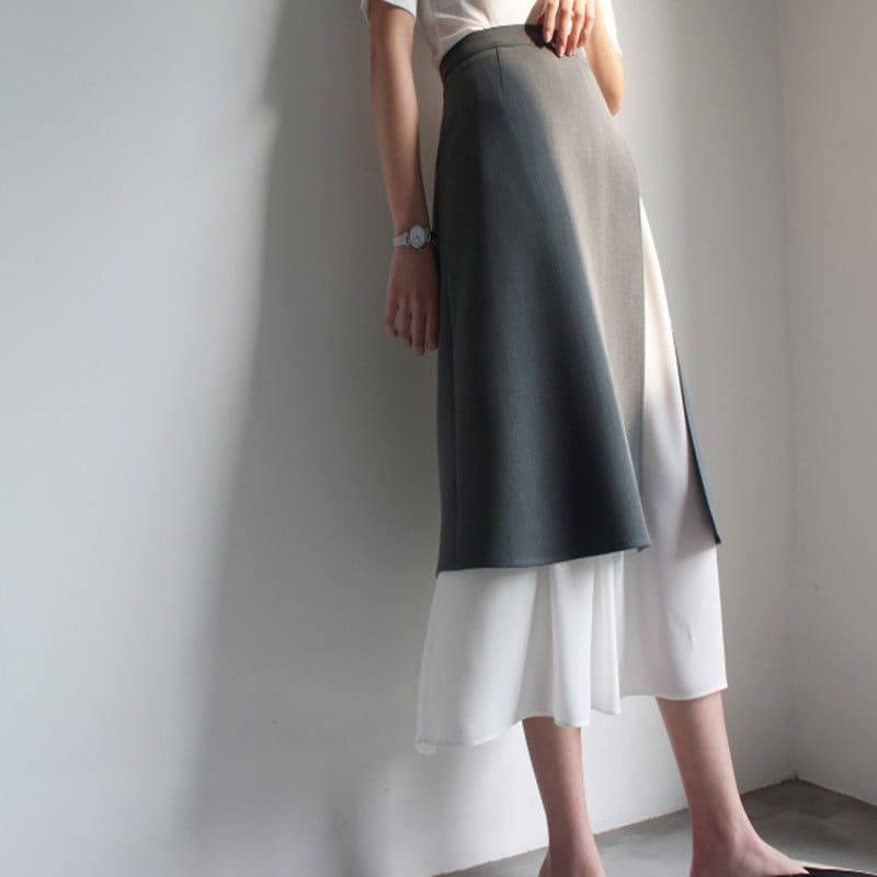 High Waist Double Layer Slit Skirt in Gray & White