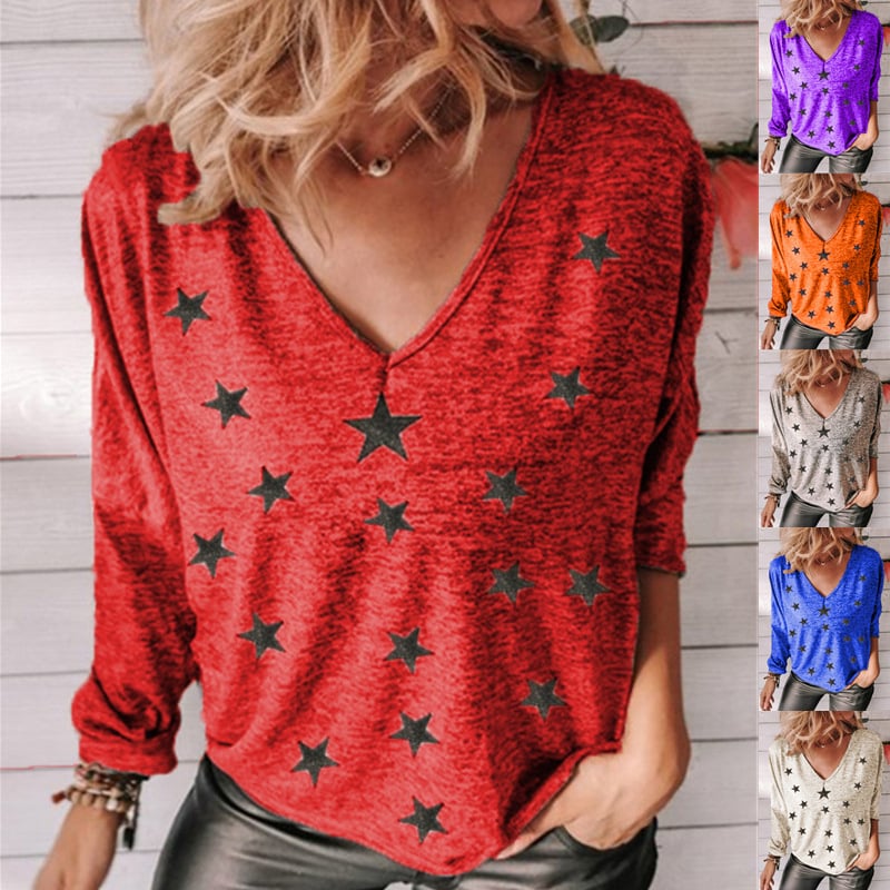 Star Print V-Neck Long Sleeve Women's T-Shirt