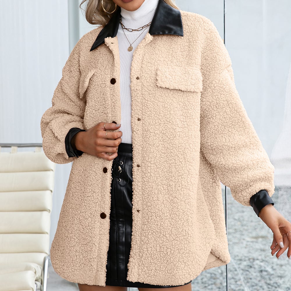 Plush PU Long Single Breasted Lapel Cardigan Coat