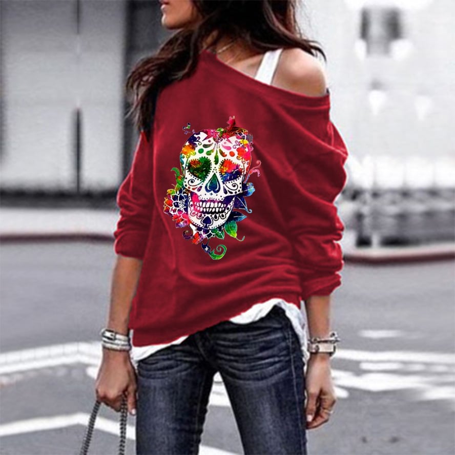 Women's Skull Print Round Neck Sweater